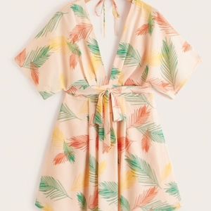Women's Plunge Neck Tied Open Back Tropical Dress